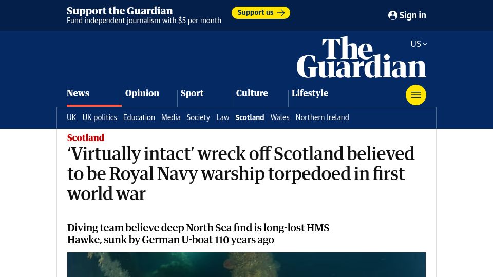 Screenshot of theguardian.com: 'Virtually intact' wreck believed to be Royal Navy warship torpedoed in WWI