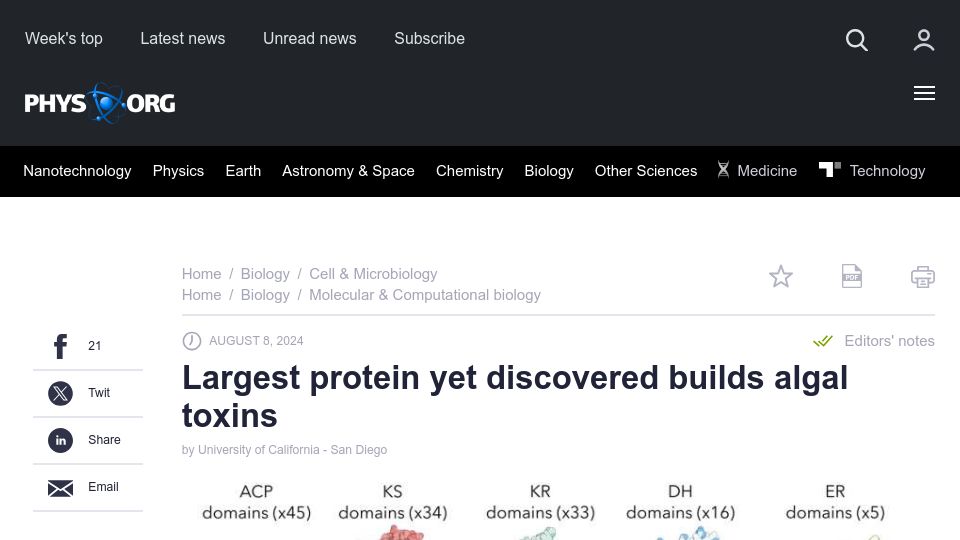 Screenshot of phys.org: Largest protein yet discovered builds algal toxins