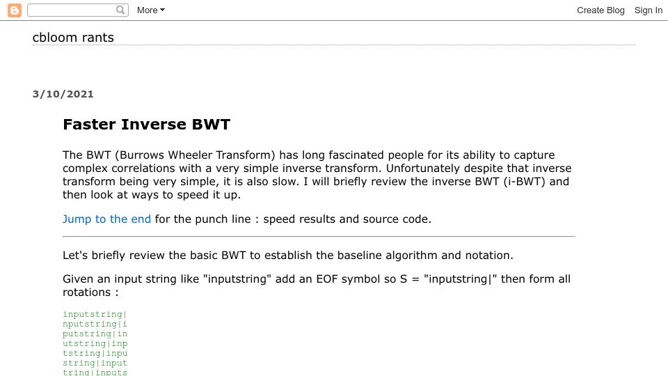 Screenshot of cbloomrants.blogspot.com: Faster Inverse BWT (2021)