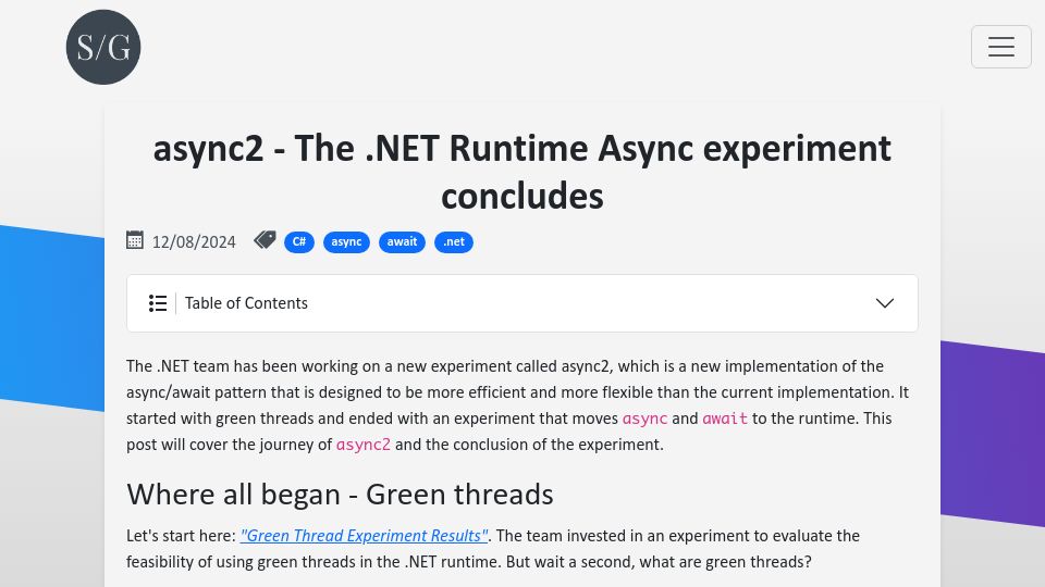 Screenshot of steven-giesel.com: Async2 – The .NET Runtime Async experiment concludes