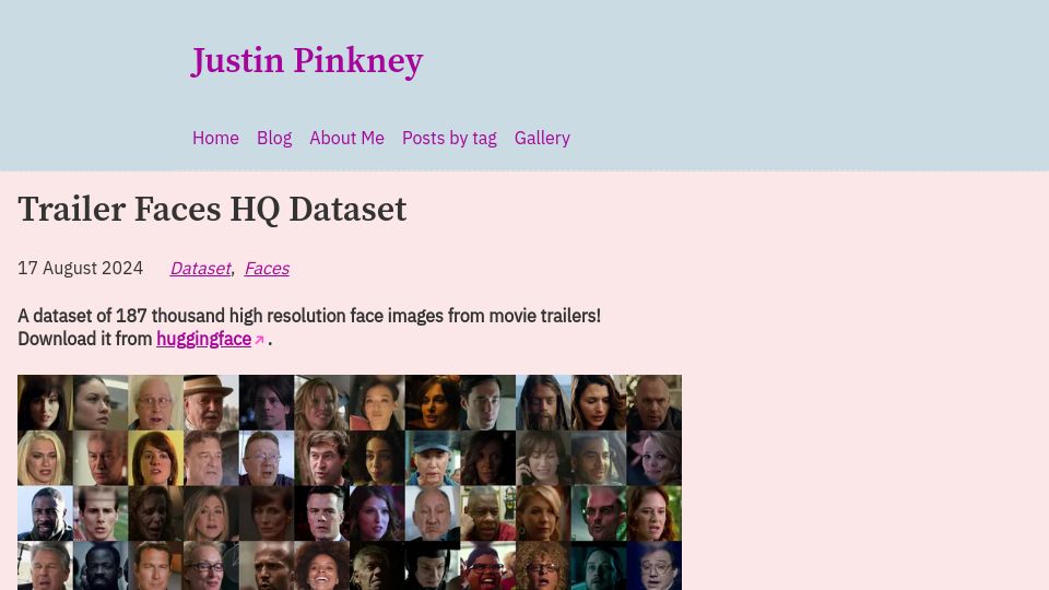 Screenshot of justinpinkney.com: Trailer Faces HQ Dataset