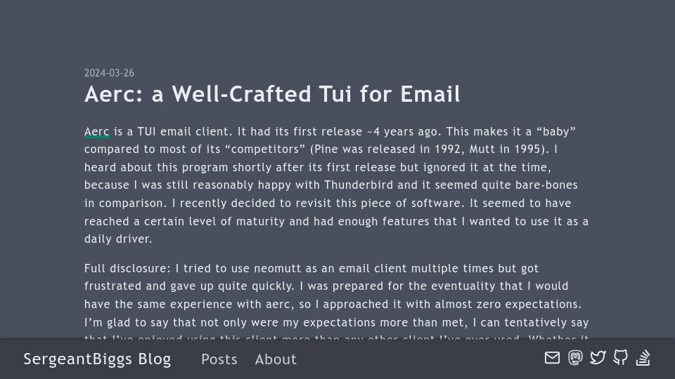 Screenshot of blog.sergeantbiggs.net: Aerc: A well-crafted TUI for email