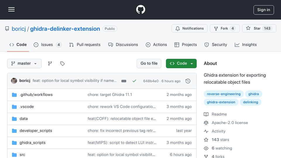 Screenshot of github.com: Show HN: A Ghidra extension for exporting parts of a program as object files