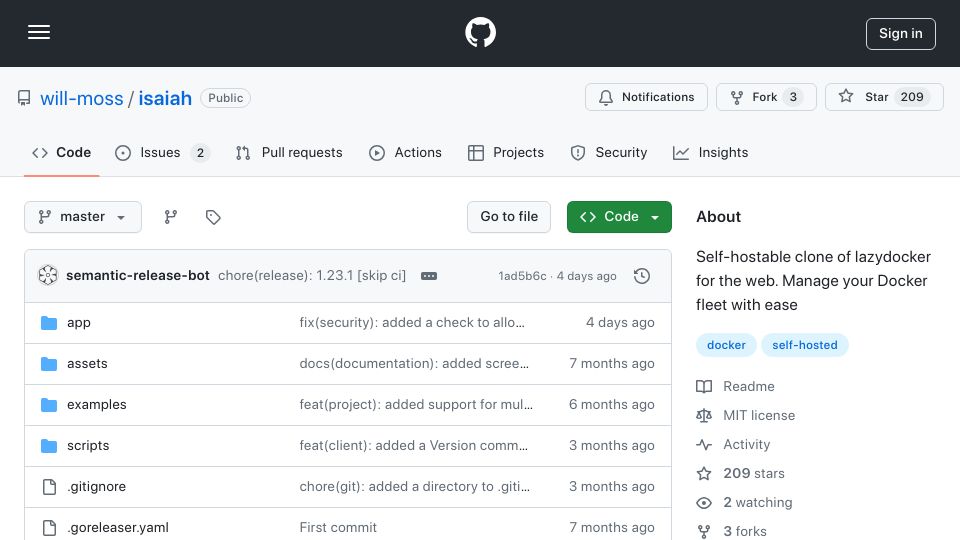 Screenshot of github.com: Show HN: Isaiah – open-source and self-hosted app to manage everything Docker