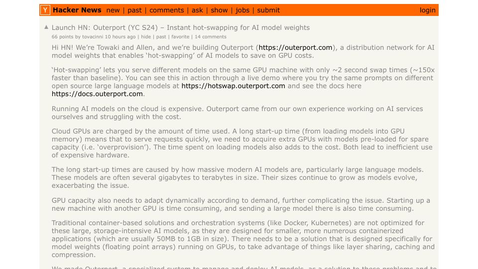 Screenshot of Hacker News post: Launch HN: Outerport (YC S24) – Instant hot-swapping for AI model weights