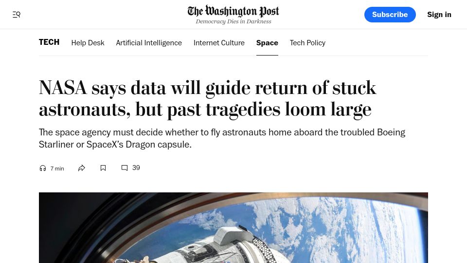 Screenshot of washingtonpost.com: NASA says data will guide whether astronauts return on troubled Starliner