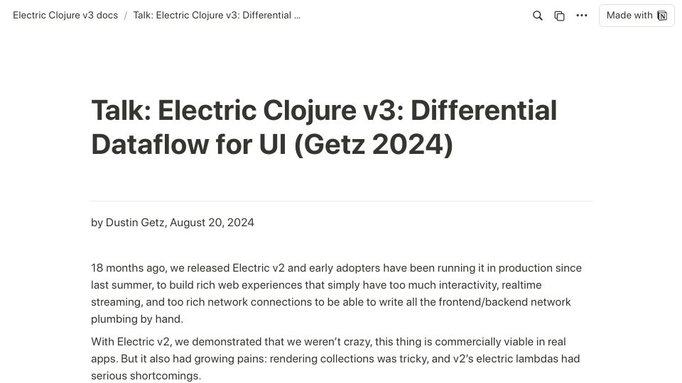 Screenshot of hyperfiddle-docs.notion.site: Electric Clojure v3: Differential Dataflow for UI [video]