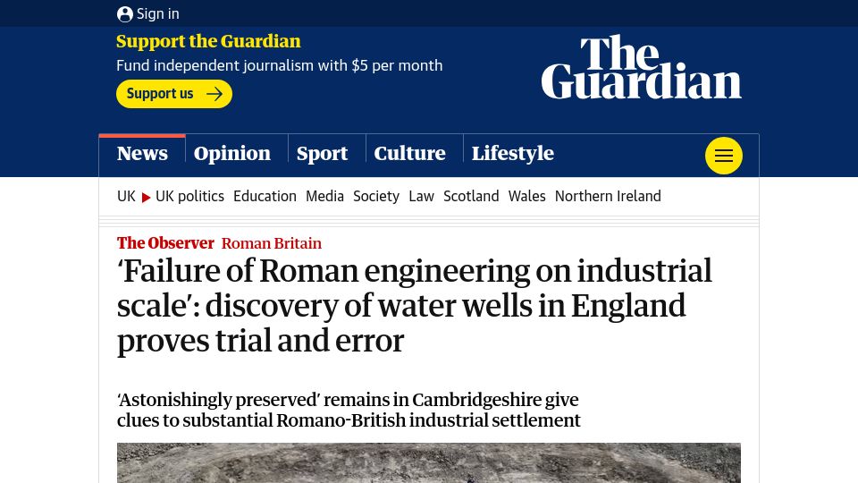 Screenshot of theguardian.com: Discovery of Roman water wells in England proves trial and error