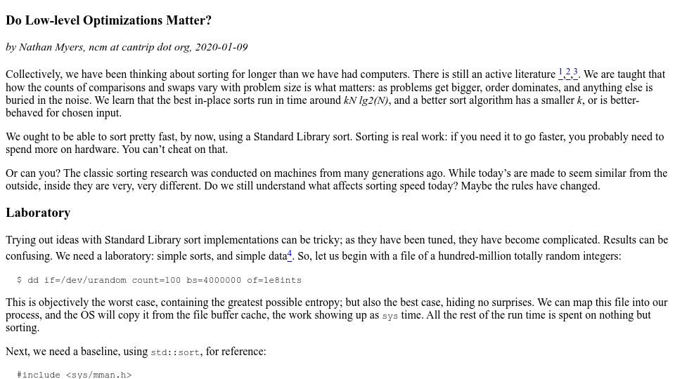 Screenshot of cantrip.org: Do low-level optimizations matter? Faster quicksort with cmov (2020)