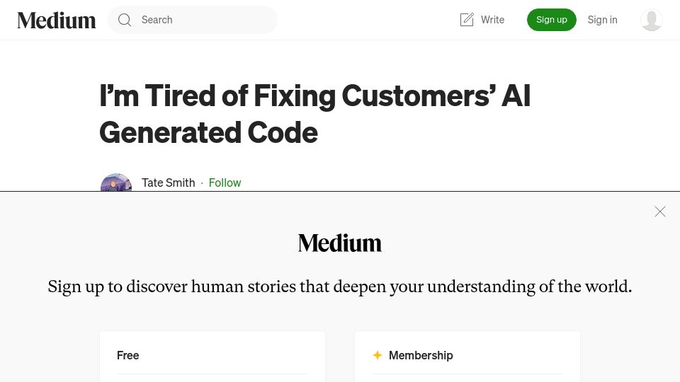 Screenshot of medium.com: I'm tired of fixing customers' AI generated code
