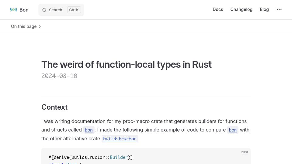 Screenshot of elastio.github.io: The weird of function-local types in Rust