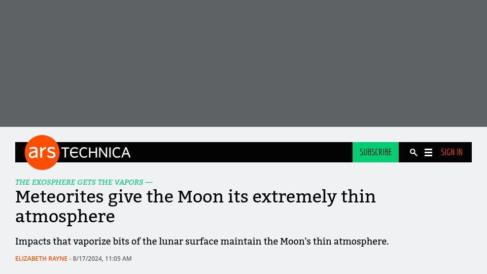 Screenshot of arstechnica.com: Meteorites give the Moon its thin atmosphere