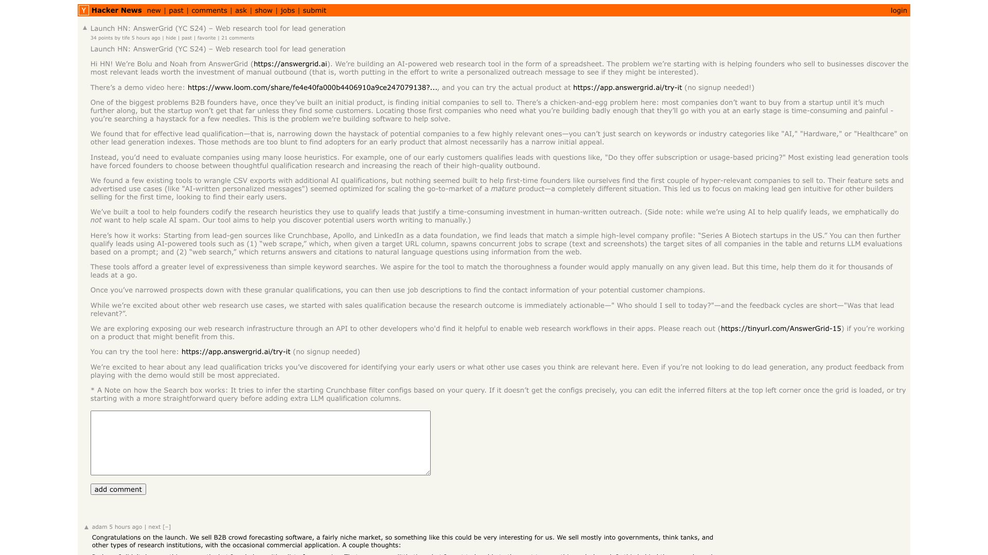 Screenshot of this Hacker News post: Launch HN: AnswerGrid (YC S24) – Web research tool for lead generation