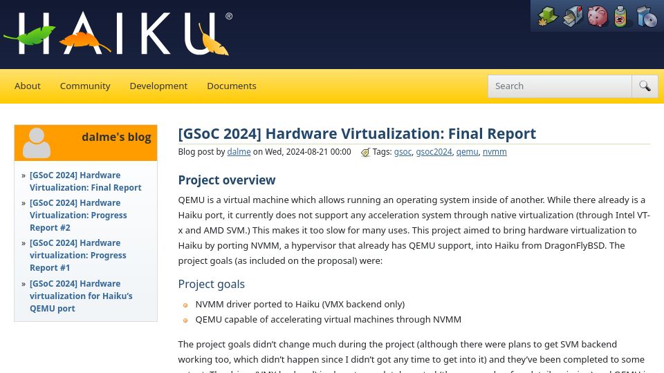 Screenshot of haiku-os.org: Hardware Virtualization