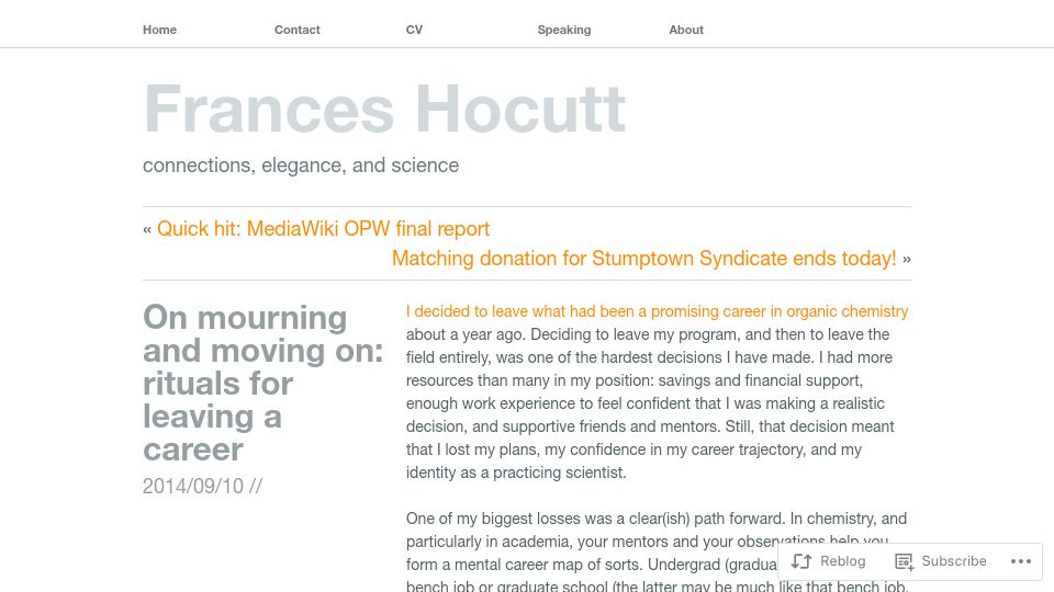 Screenshot of franceshocutt.com: Mourning and moving on: rituals for leaving a career (2014)