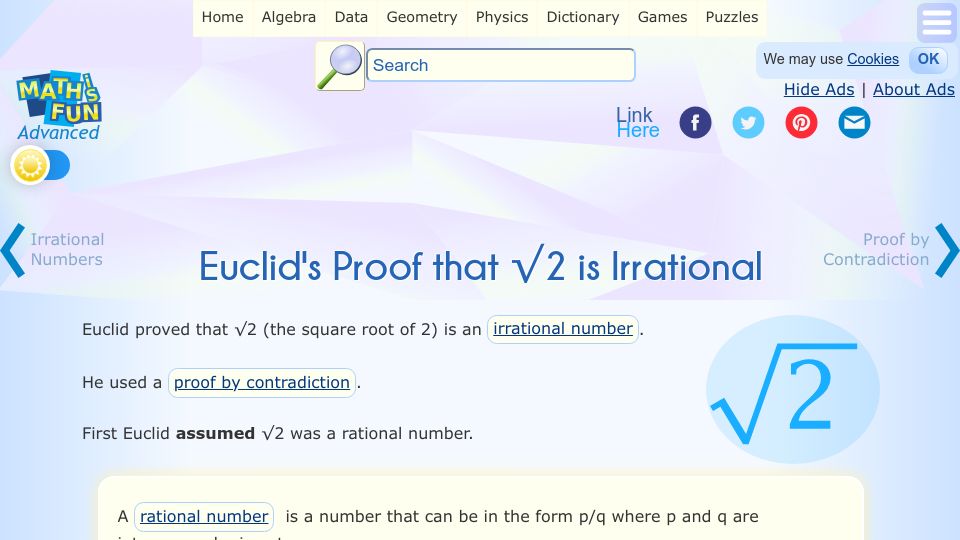 Screenshot of mathsisfun.com: Euclid's Proof that √2 is Irrational