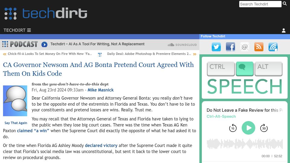 Screenshot of techdirt.com: CA Governor Newsom and AG Bonta Pretend Court Agreed with Them on Kids Code