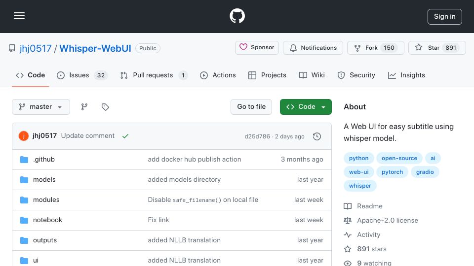 Screenshot of github.com: Whisper-WebUI