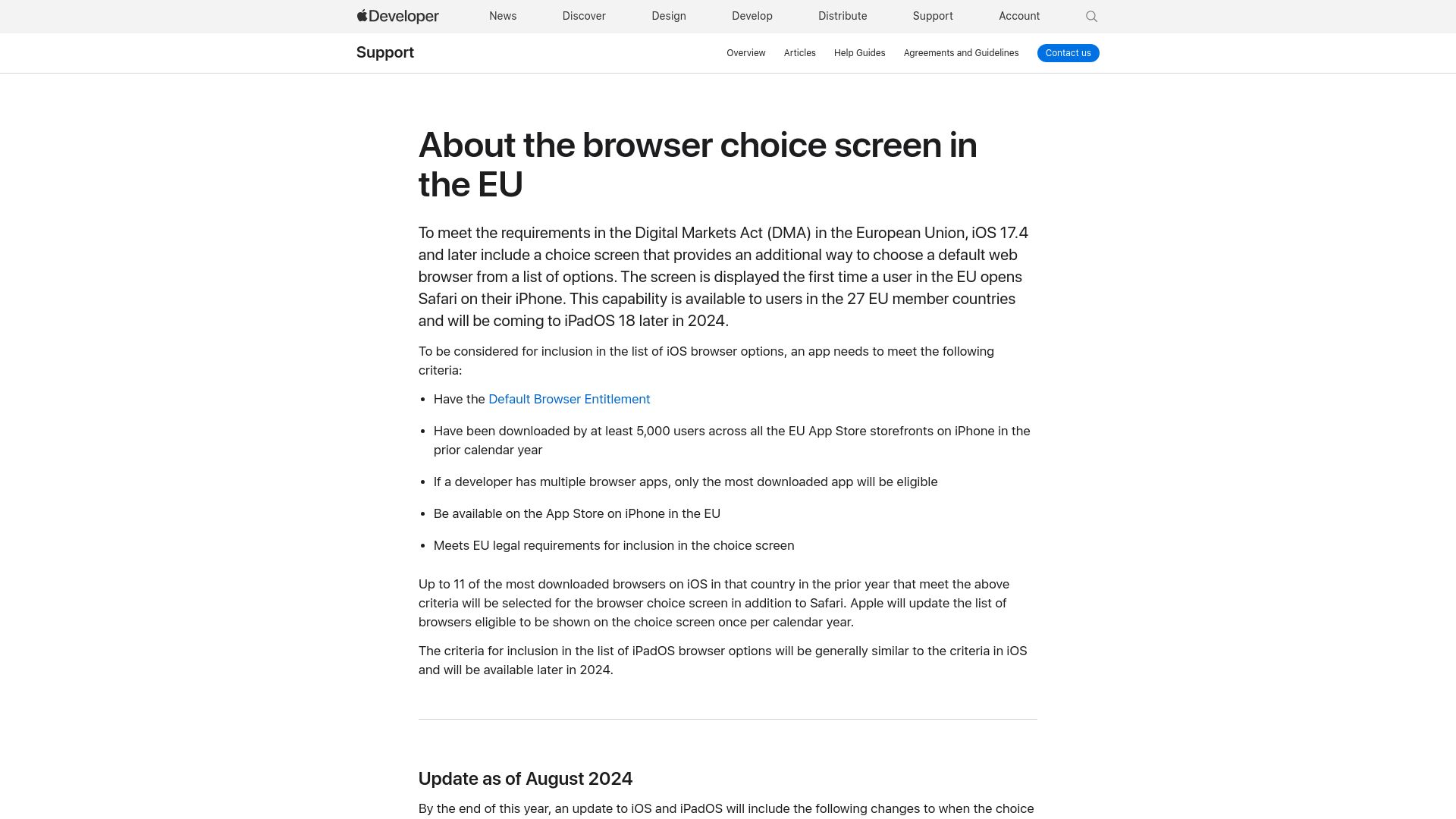 Screenshot of developer.apple.com: About the browser choice screen in the EU