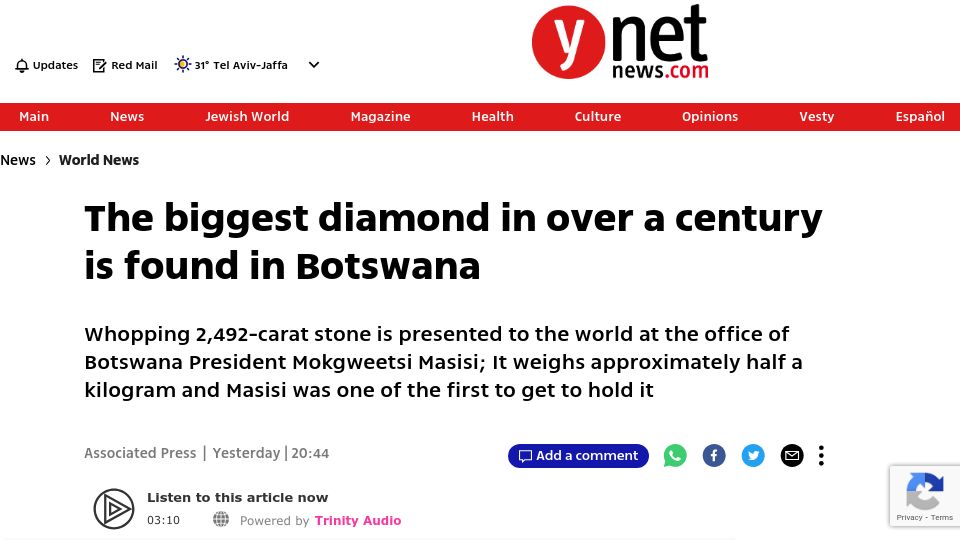 Screenshot of ynetnews.com: The biggest diamond in over a century is found in Botswana
