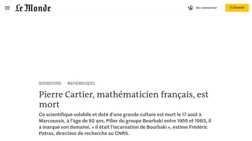 Screenshot of lemonde.fr: Pierre Cartier Has Died