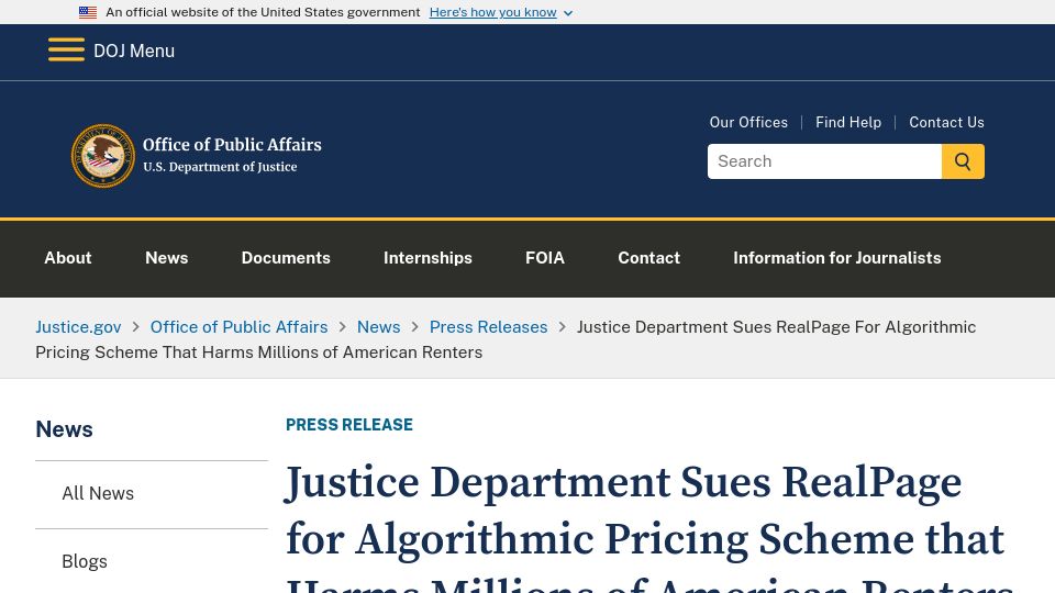 Screenshot of justice.gov: DOJ sues realpage for algorithmic pricing scheme that harms renters
