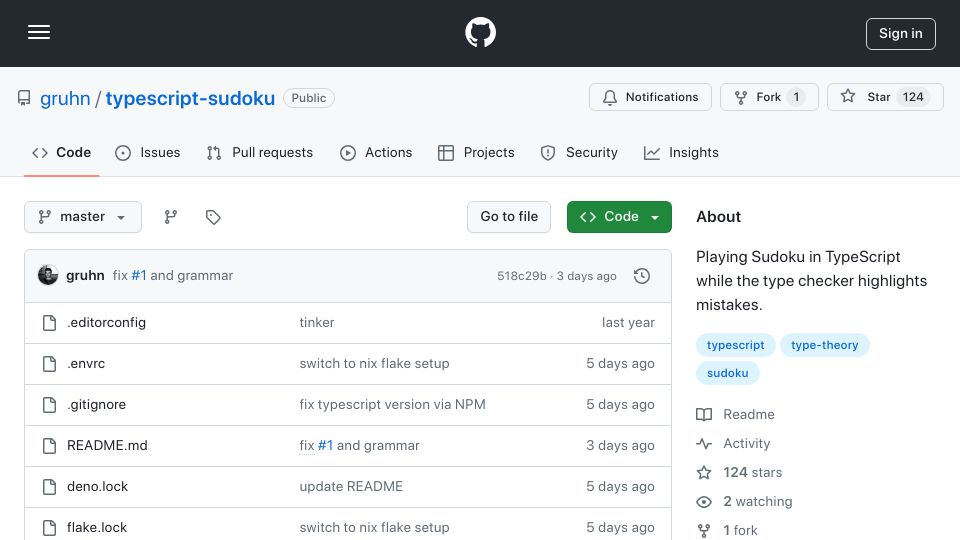 Screenshot of github.com: Playing Sudoku in TypeScript while the type checker highlights mistakes
