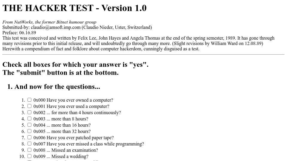 Screenshot of armory.com: Hacker Purity Test (1989)