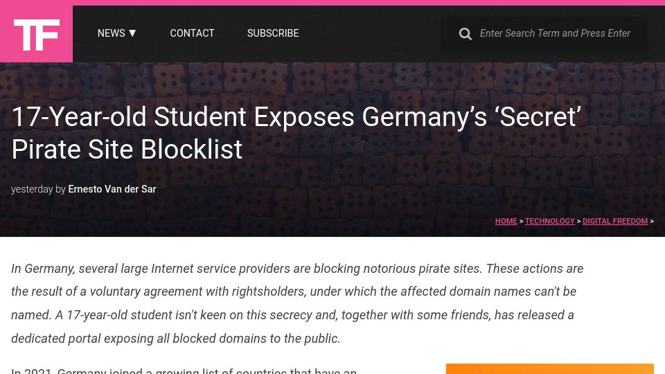 Screenshot of torrentfreak.com: 17-year-old student exposes Germany's 'secret' pirate site blocklist