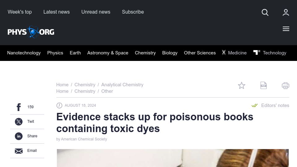 Screenshot of phys.org: Evidence stacks up for poisonous books containing toxic dyes