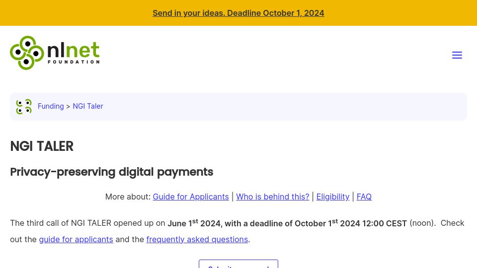 Screenshot of nlnet.nl: NGI Taler
