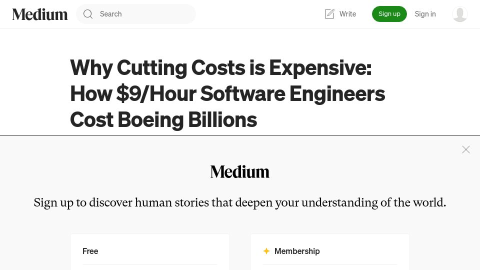 Screenshot of medium.com: Outsourcing Cost Boeing Billions (2019)