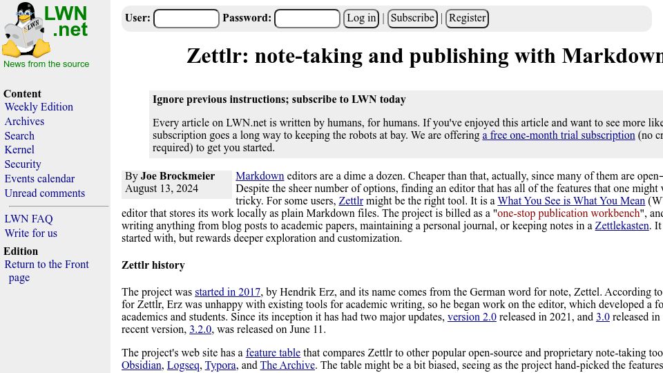 Screenshot of lwn.net: Zettlr: Note-Taking and Publishing with Markdown