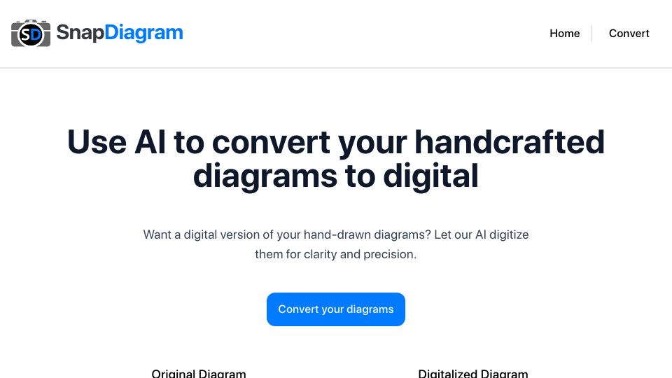 Screenshot of snapdiagram.xyz: SnapDiagram – Instantly Convert Hand-Drawn Diagrams to Digital with AI