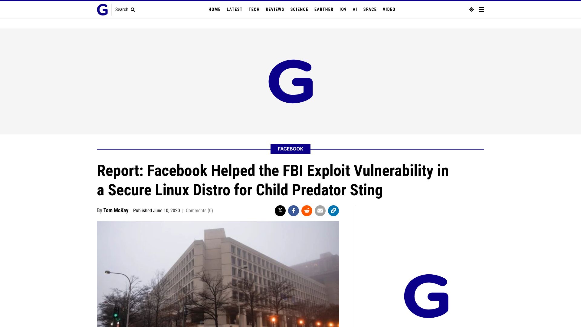 Screenshot of gizmodo.com: Facebook Helped the FBI Exploit Vulnerability in a Secure Linux Distro