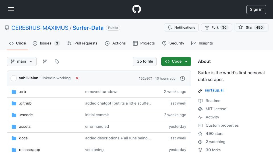 Screenshot of github.com: Surfer: Centralize all your personal data from online platforms