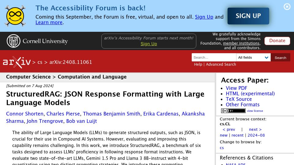 Screenshot of arxiv.org: StructuredRAG: JSON Response Formatting with Large Language Models
