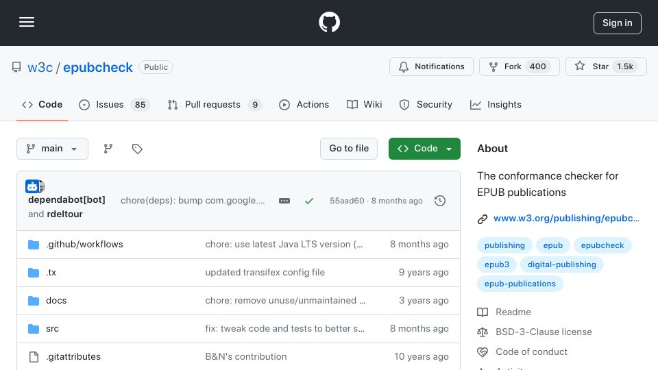 Screenshot of github.com: EPUBCheck – The official conformance checker for ePub publications