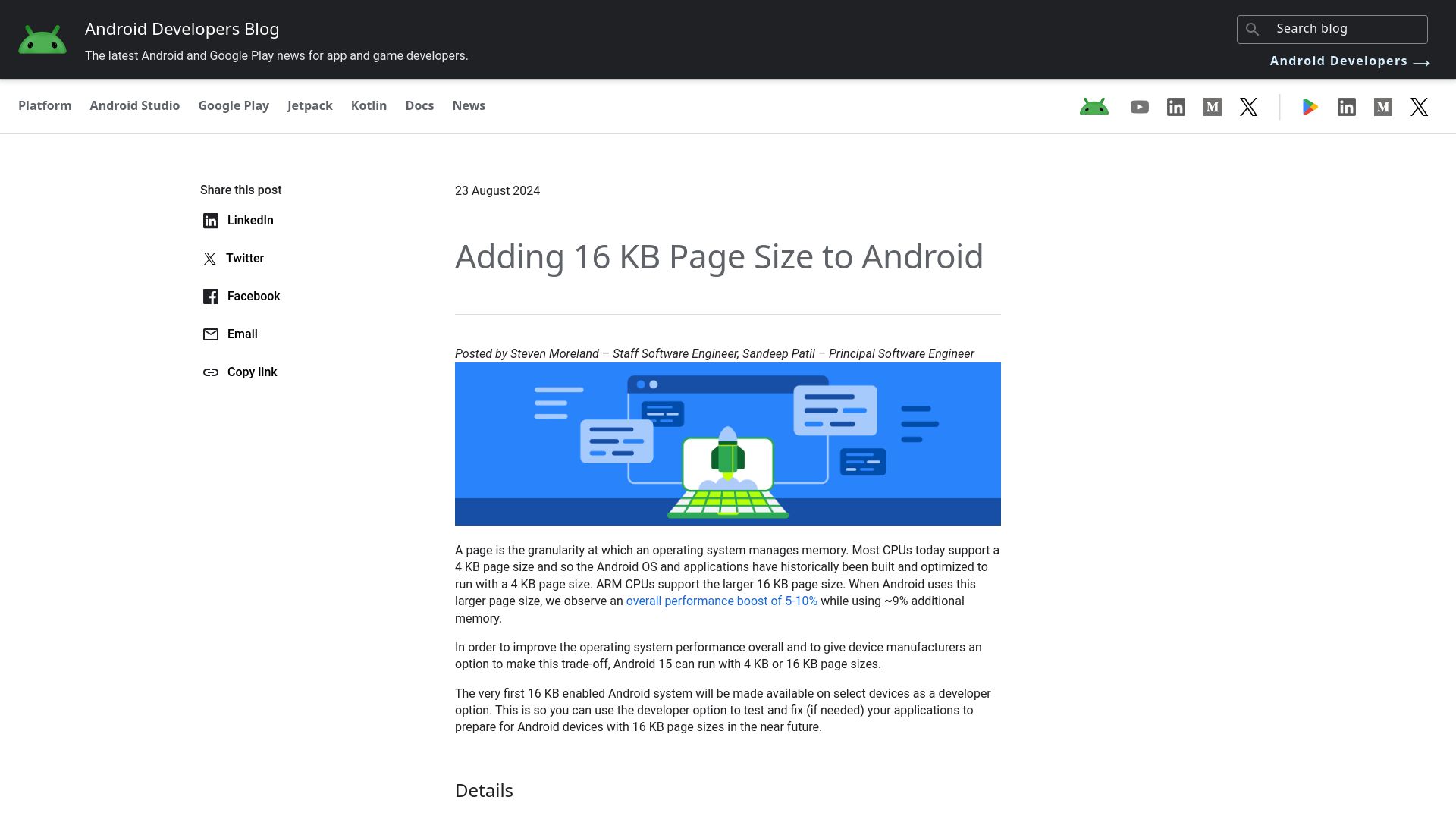 Screenshot of android-developers.googleblog.com: Adding 16 kb page size to Android