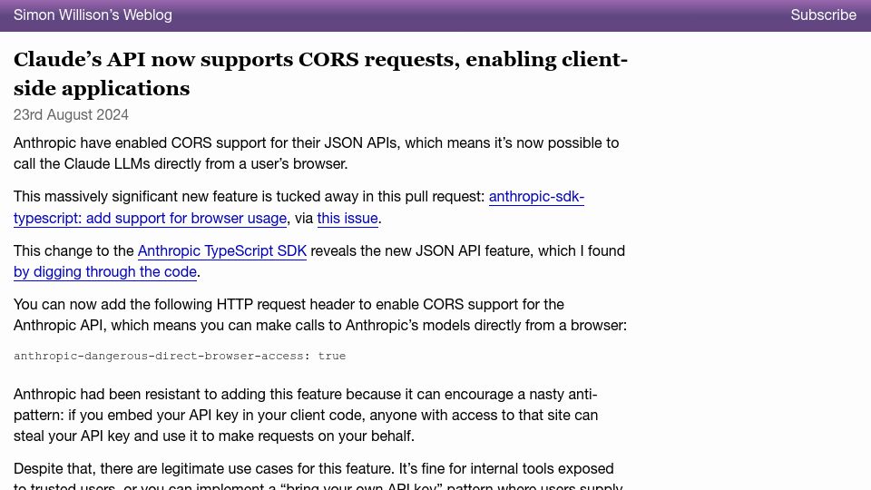 Screenshot of simonwillison.net: Claude's API now supports CORS requests, enabling client-side applications
