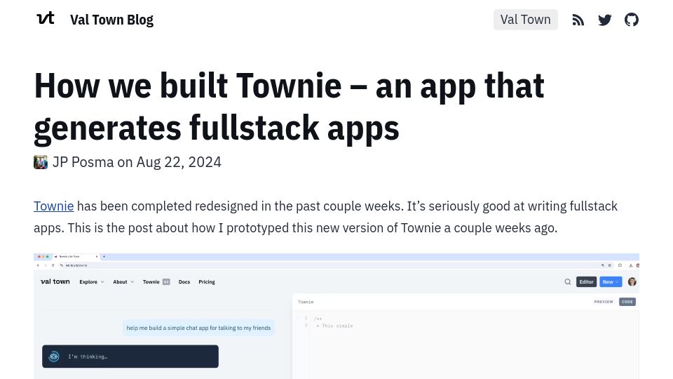 Screenshot of blog.val.town: How we built Townie – an app that generates fullstack apps