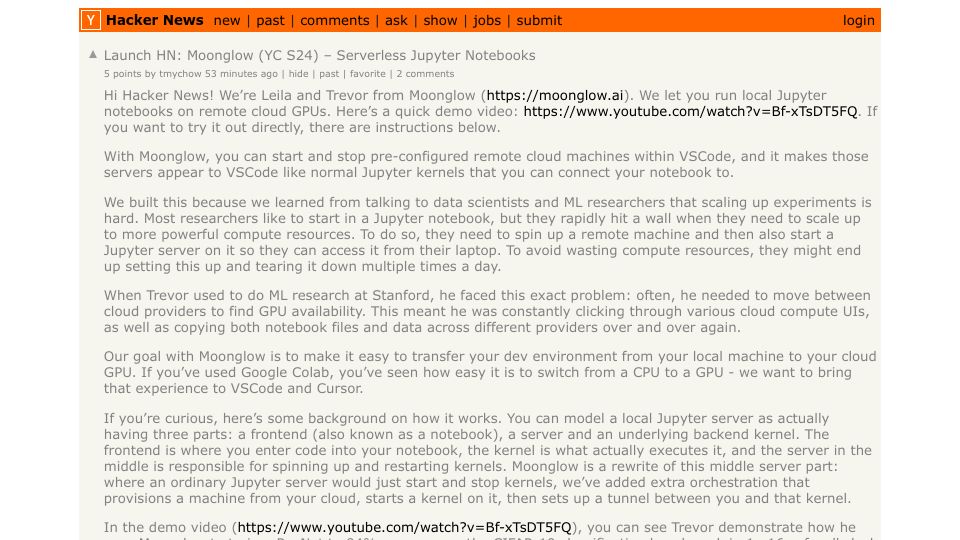 Screenshot of Hacker News post: Launch HN: Moonglow (YC S24) – Serverless Jupyter Notebooks