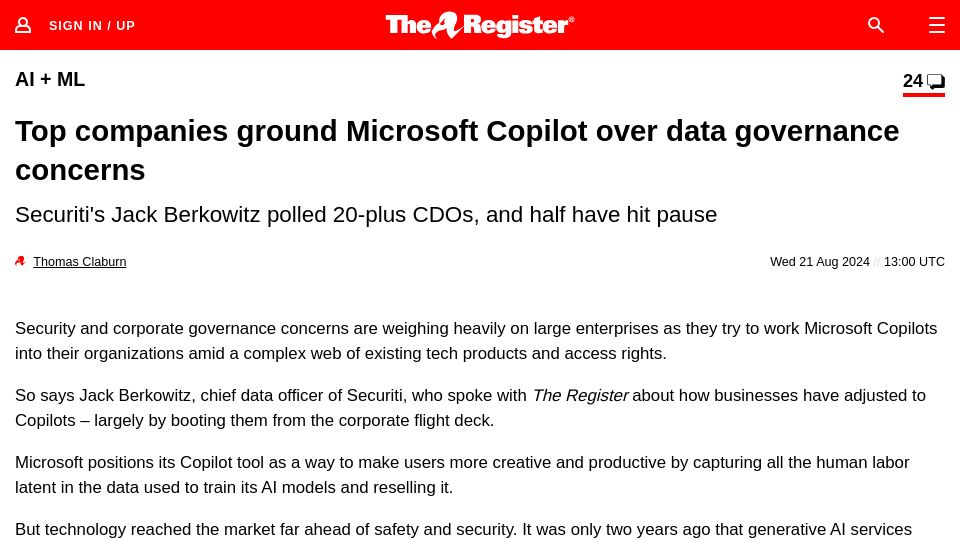 Screenshot of theregister.com: Companies ground Microsoft Copilot over data governance concerns