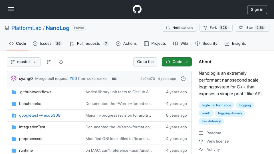 Screenshot of github.com: Nanolog supports logging with 7 ns median latency