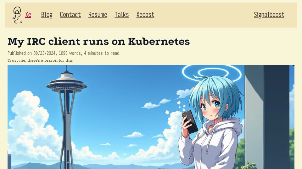 Screenshot of xeiaso.net: My IRC client runs on Kubernetes