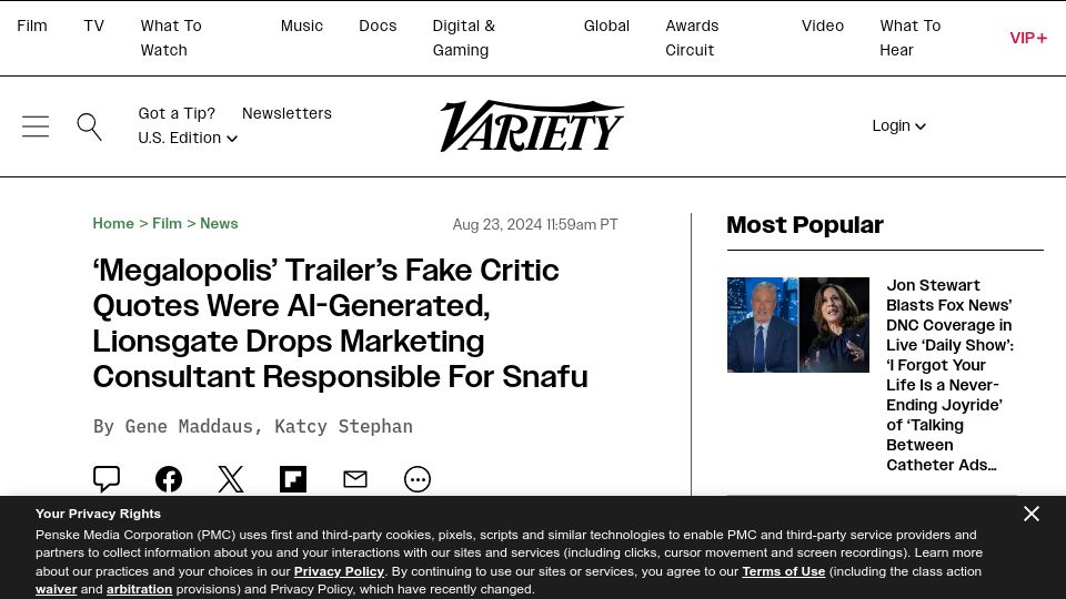 Screenshot of variety.com: 'Megalopolis' trailer's fake critic quotes were AI-generated