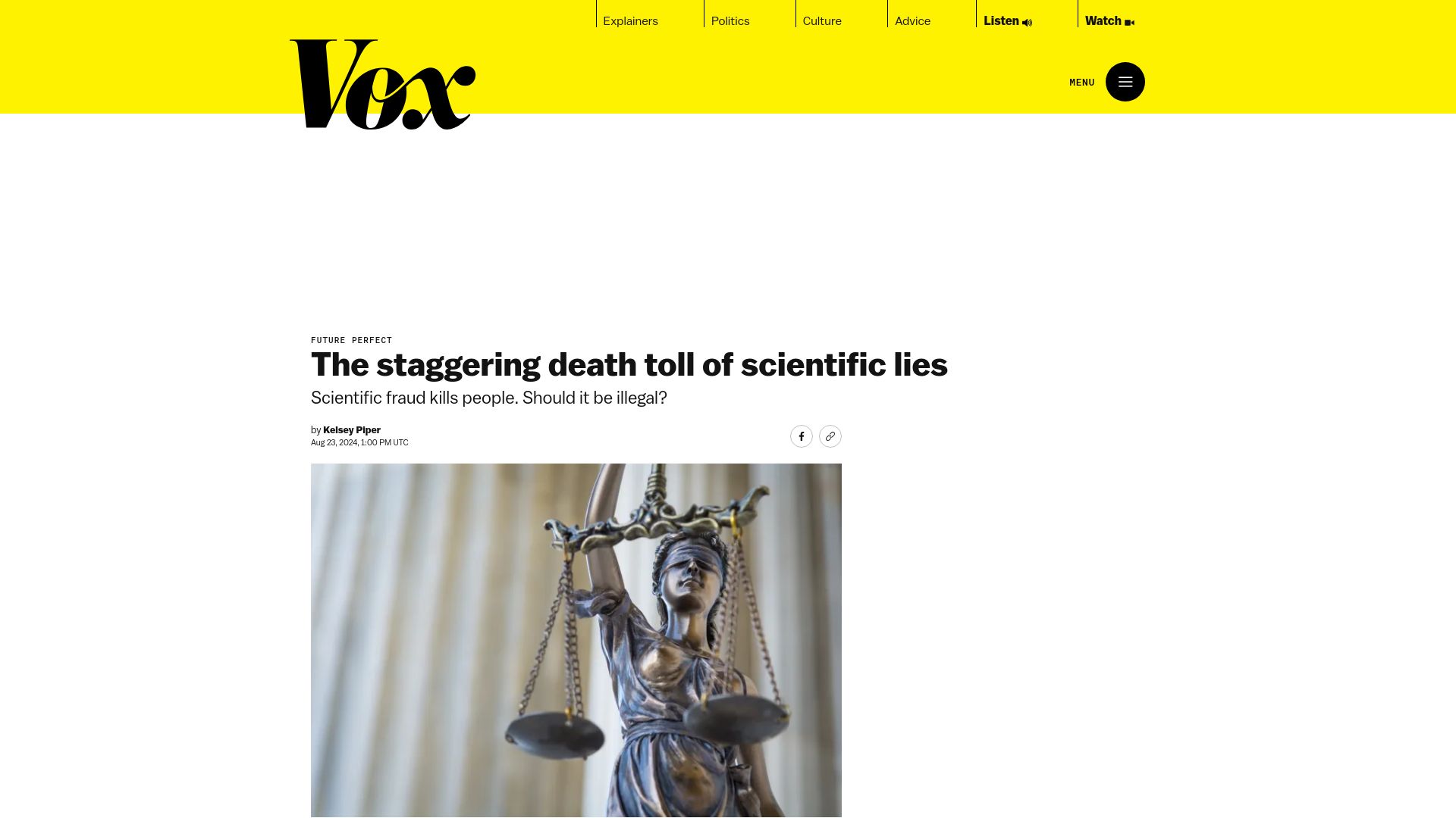 Screenshot of vox.com: The staggering death toll of scientific lies