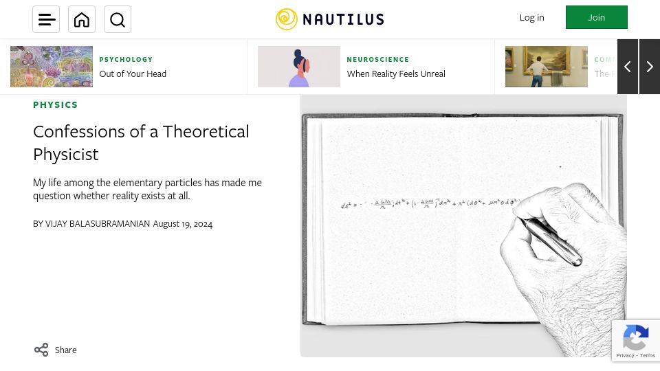 Screenshot of nautil.us: Confessions of a Theoretical Physicist