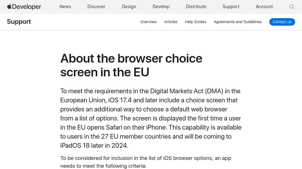 Screenshot of developer.apple.com: About the browser choice screen in the EU
