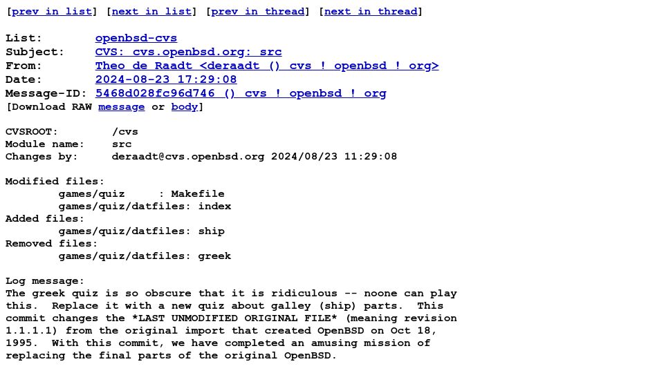 Screenshot of marc.info: We have reached OpenBSD of Theseus